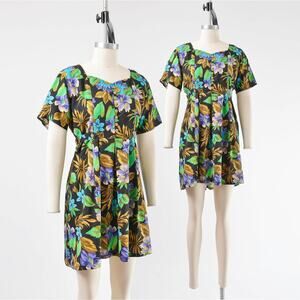 Vintage 90s Black Tropical Floral Pleated Hawaiian Babydoll Mini Dress S